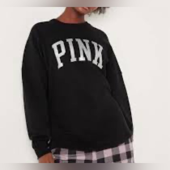PINK Sweatshirt Black with Silver Glitter Graphic front Crew Neck Long Sleeves M - Picture 1 of 8